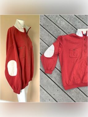 Vintage Half-Zip Rugby Shirt | Long Sleeve Polo Sweater with Cream Elbow Patches